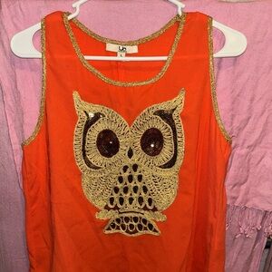 Vibrant Orange Owl Tank Top with Gold Accents